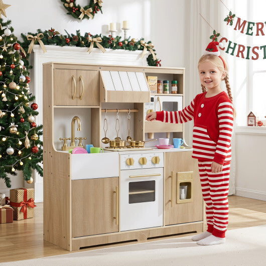 Wooden Play Kitchen with Lights & Sounds and Ice Maker Stove Sink for Toddlers-Natural LuxuryLifeWay Online Store