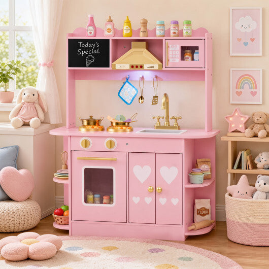 Wooden Play Kitchen with Lights & Sounds and Stove Oven for Toddlers Ages 3+-Pink LuxuryLifeWay Online Store