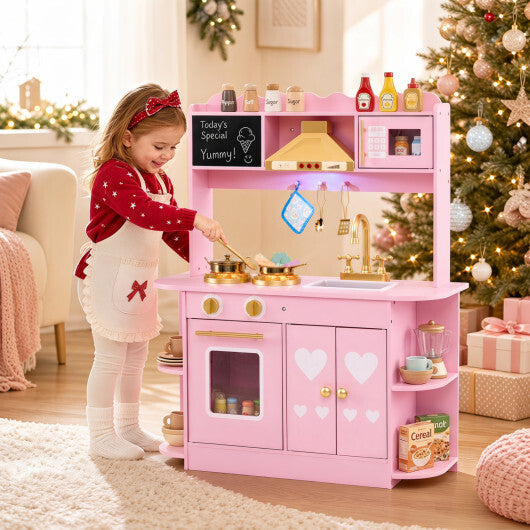 Wooden Play Kitchen with Lights & Sounds and Stove Oven for Toddlers Ages 3+-Pink LuxuryLifeWay Online Store