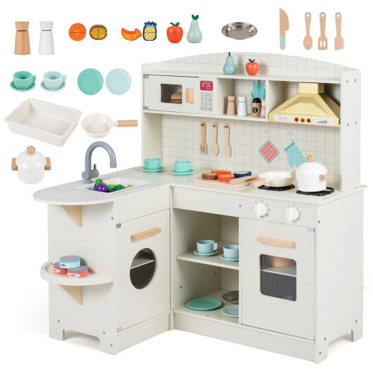 Wooden Play Kitchen with Lights & Sounds and Stove Microwave Sink for Ages 3+-White LuxuryLifeWay Online Store