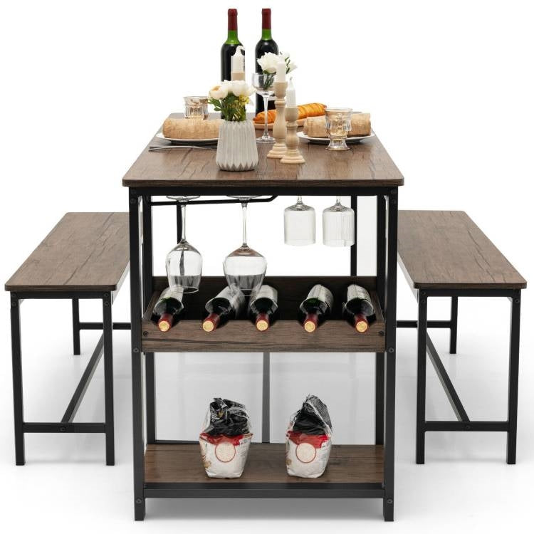 Modern Industrial 3-Piece Metal Wood Dining Set with 2 Benches and Wine Rack LuxuryLifeWay Online Store