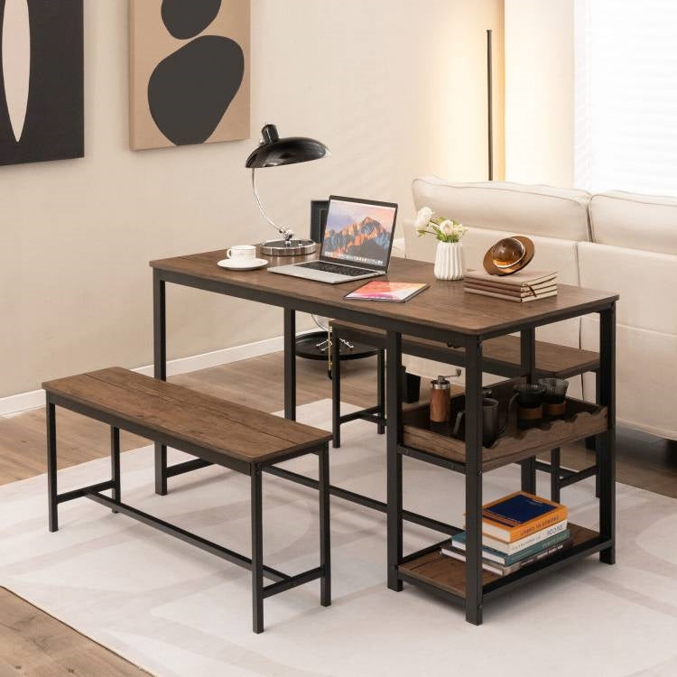 Modern Industrial 3-Piece Metal Wood Dining Set with 2 Benches and Wine Rack LuxuryLifeWay Online Store