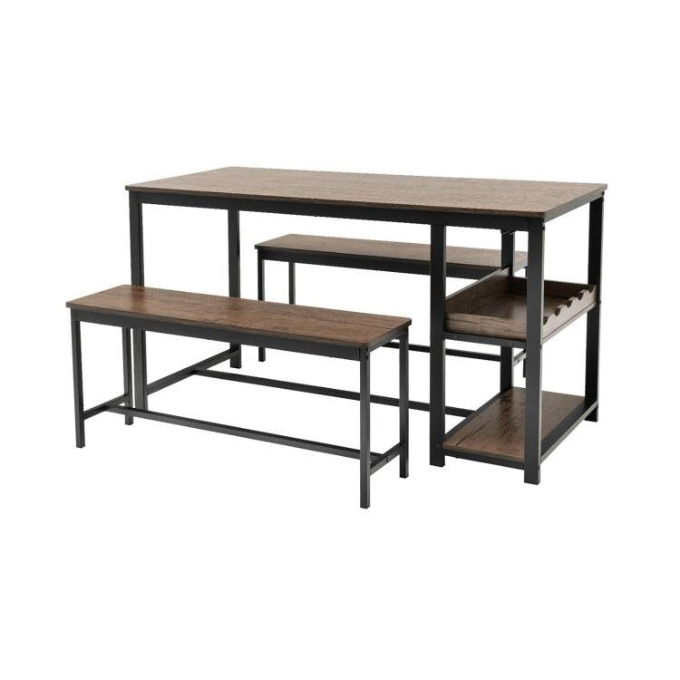 Modern Industrial 3-Piece Metal Wood Dining Set with 2 Benches and Wine Rack LuxuryLifeWay Online Store