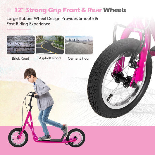 Height Adjustable Kid Kick Scooter with 12 Inch Air Filled Wheel-Pink LuxuryLifeWay Online Store