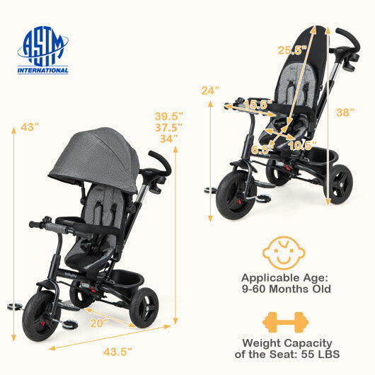 4-in-1 Baby Tricycle Toddler Trike with Reversible Seat and 5-Point Safety Harness-Gray LuxuryLifeWay Online Store