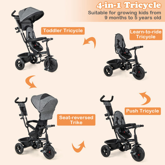 4-in-1 Baby Trike Kids Tricycle with Removable Canopy and Adjustable Push Handle-Gray - Color: Gray LuxuryLifeWay Online Store