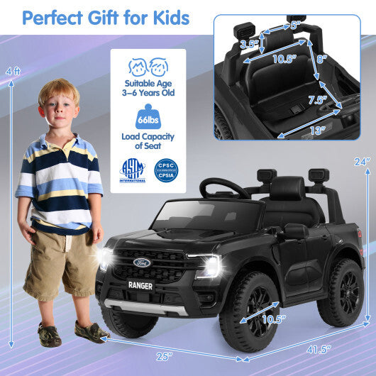12V Electric Kids Ride on Car Licensed Ford Ranger with Remote Control and Music-Black LuxuryLifeWay Online Store