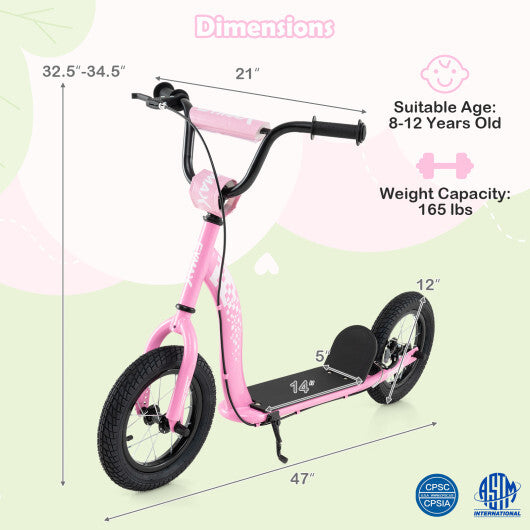 Kids Scooter Youth Kick Scooter with Adjustable Height Handlebar 12-Inch Inflatable Wheels-Pink LuxuryLifeWay Online Store