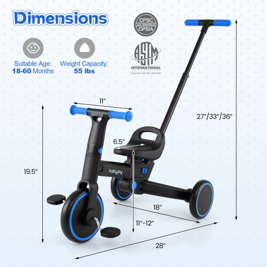 4-in-1 Foldable Toddler Tricycle with Push Handle with Adjustable Seat-Navy LuxuryLifeWay Online Store