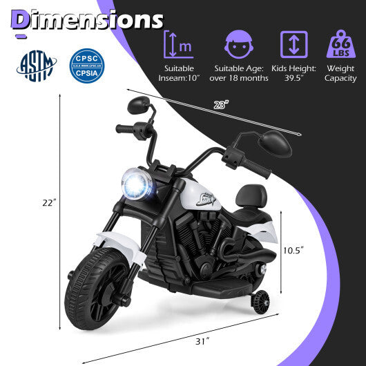 6V Kids Motorcycle with Headlight and Music and Training Wheels-White LuxuryLifeWay Online Store