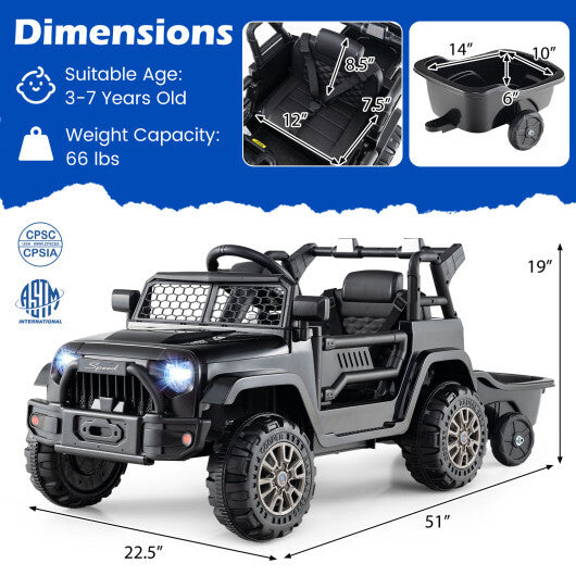 12V Kids Ride On UTV Car with Detachable Trailer-Black LuxuryLifeWay Online Store