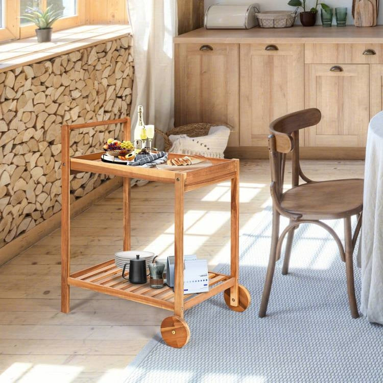 Solid Wood Rolling Serving Cart Kitchen Island with Bottom Shelf LuxuryLifeWay Online Store