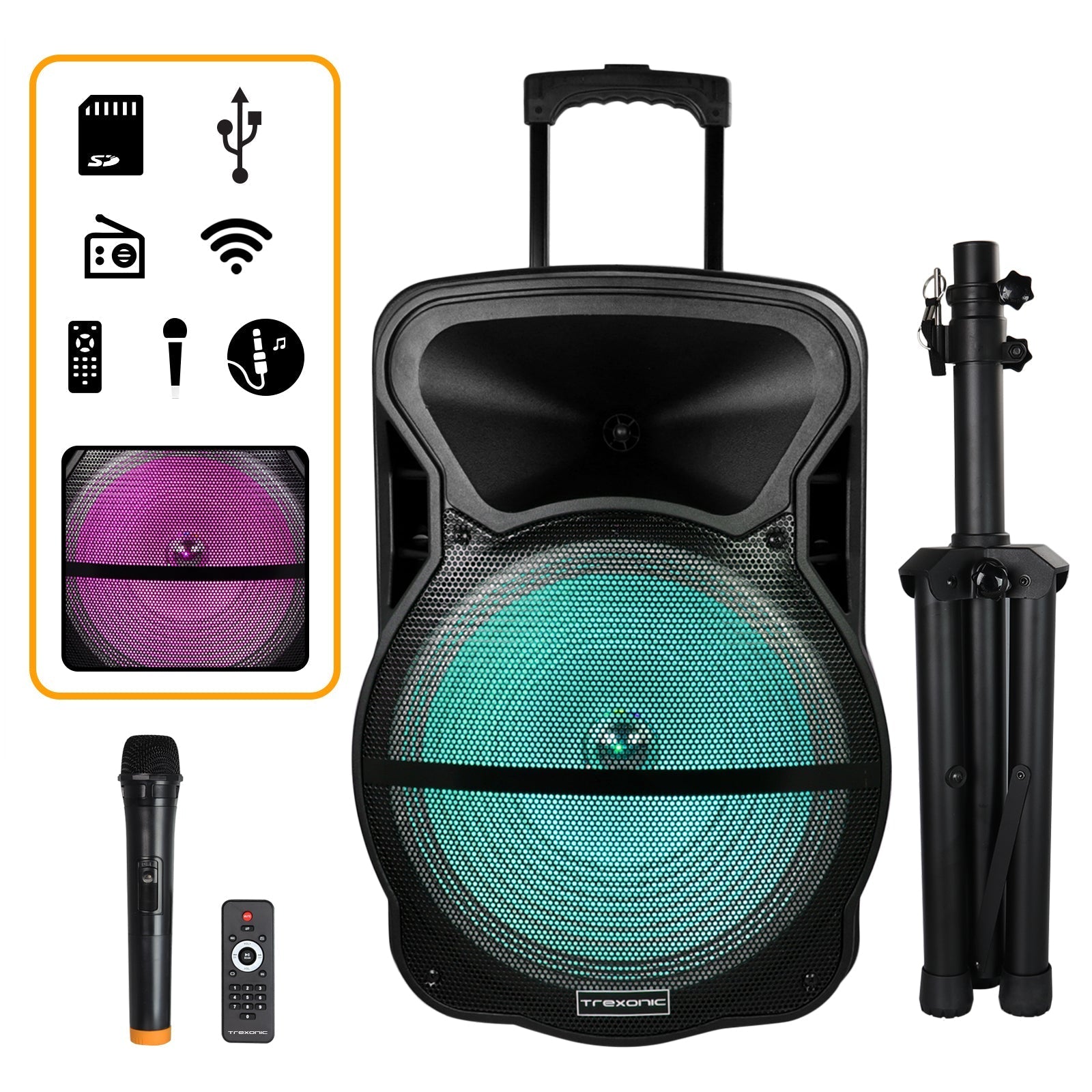 Trexonic Combination 15 Inch Bluetooth Portable Speaker and Tripod Stand with Reactive Lights, FM Radio, USB/TF Inputs, Rechargeable Battery  & Voice Broadcast LuxuryLifeWay Online Store
