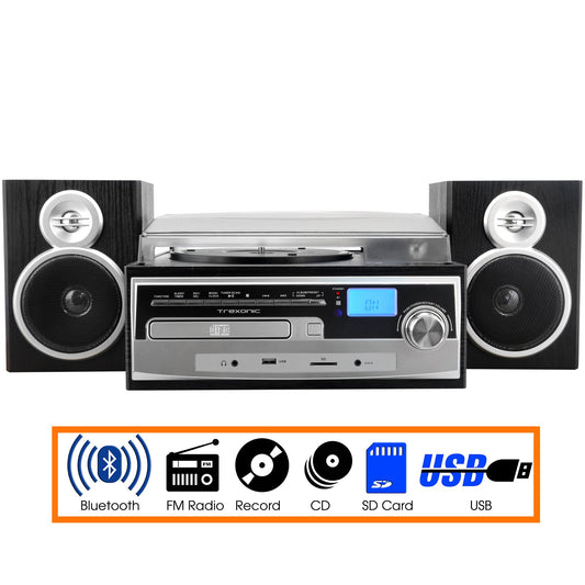 Trexonic 3-Speed Vinyl Turntable Home Stereo System with CD Player, FM Radio, Bluetooth, USB/SD Recording and Wired Shelf Speakers LuxuryLifeWay Online Store