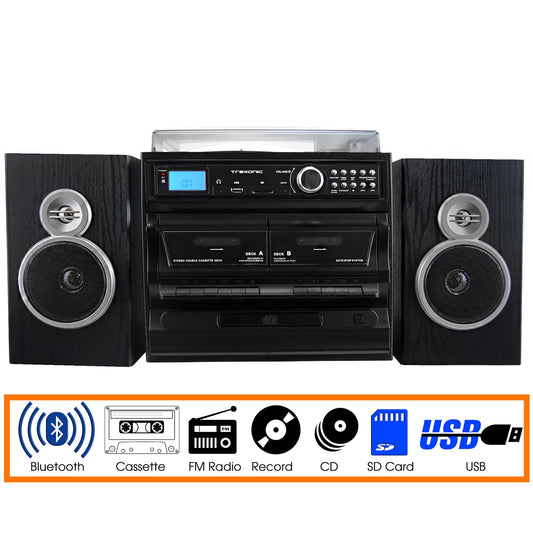 Trexonic 3-Speed Vinyl Turntable Home Stereo System with CD Player, Dual Cassette Player, Bluetooth, FM Radio & USB/SD Recording and Wired Shelf Speakers LuxuryLifeWay Online Store