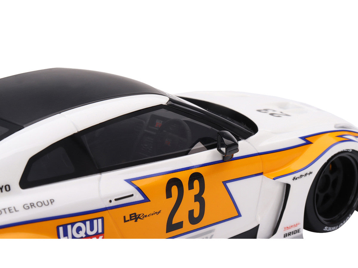 Nissan LB-Silhouette WORKS GT 35GT-RR Ver.1 RHD (Right Hand Drive) #23 White with Yellow Stripes "LB Racing" 1/18 Model Car by Top Speed LuxuryLifeWay Online Store