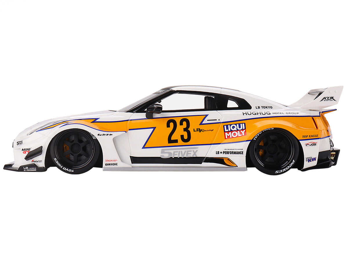 Nissan LB-Silhouette WORKS GT 35GT-RR Ver.1 RHD (Right Hand Drive) #23 White with Yellow Stripes "LB Racing" 1/18 Model Car by Top Speed LuxuryLifeWay Online Store