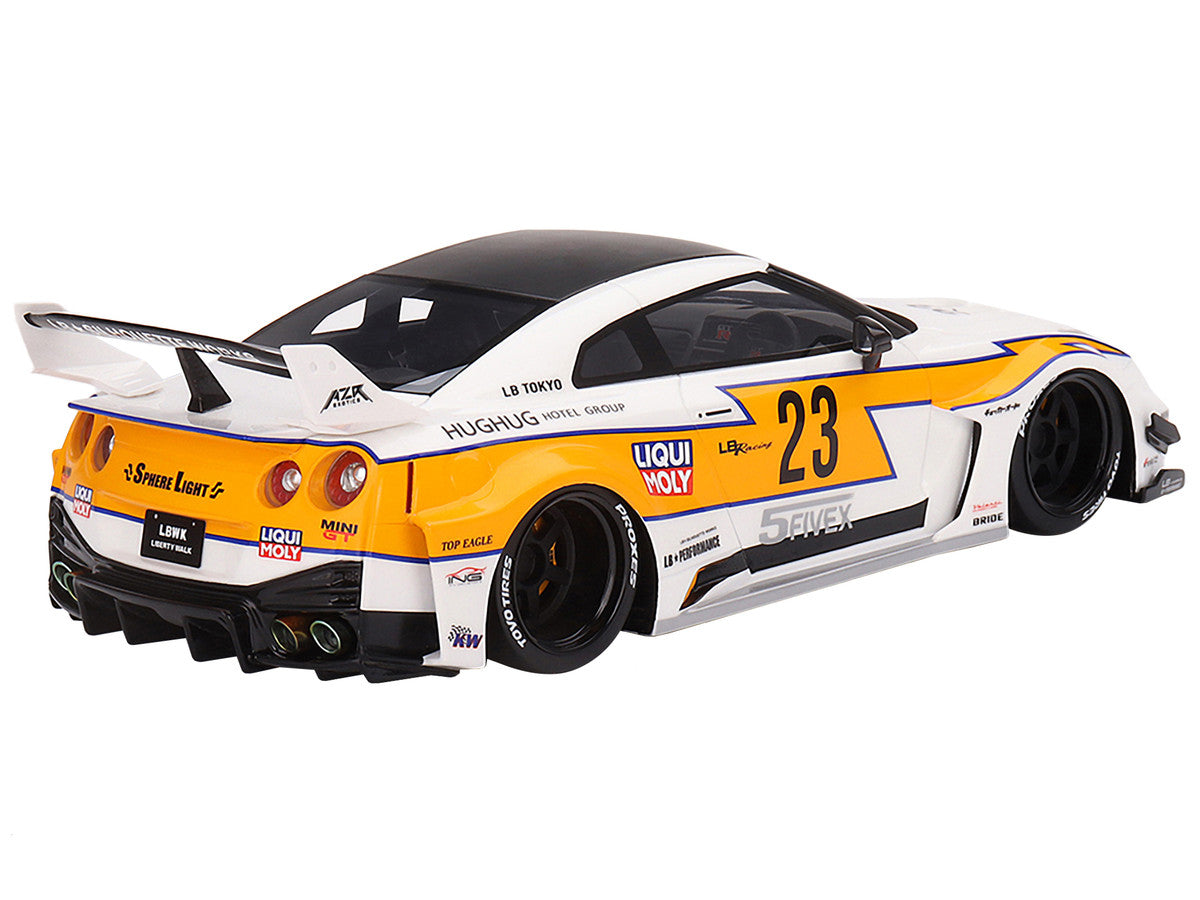 Nissan LB-Silhouette WORKS GT 35GT-RR Ver.1 RHD (Right Hand Drive) #23 White with Yellow Stripes "LB Racing" 1/18 Model Car by Top Speed LuxuryLifeWay Online Store