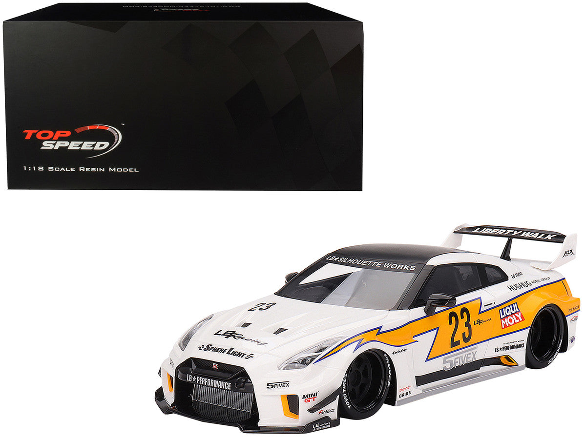 Nissan LB-Silhouette WORKS GT 35GT-RR Ver.1 RHD (Right Hand Drive) #23 White with Yellow Stripes "LB Racing" 1/18 Model Car by Top Speed LuxuryLifeWay Online Store