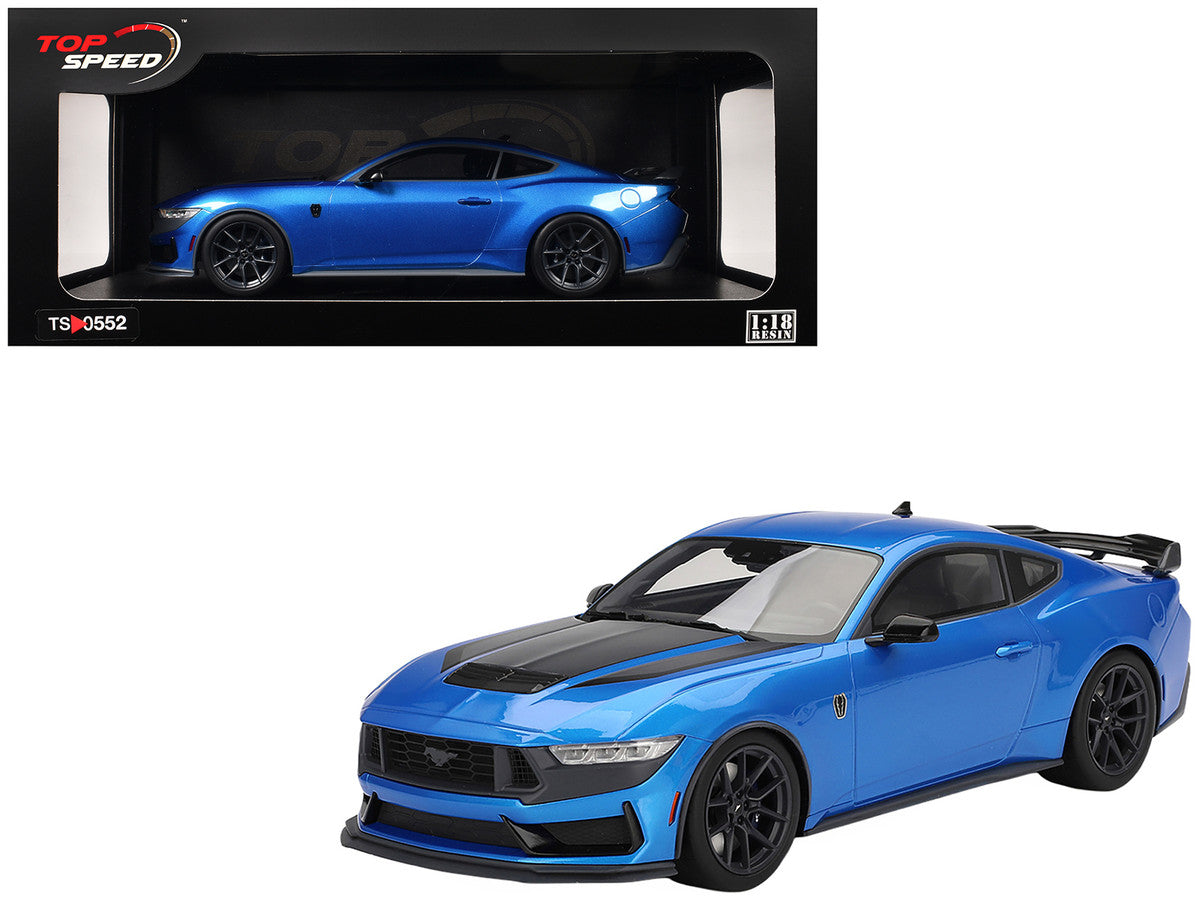 2024 Ford Mustang Dark Horse Grabber Blue Metallic with Black Hood Stripes 1/18 Model Car by Top Speed LuxuryLifeWay Online Store