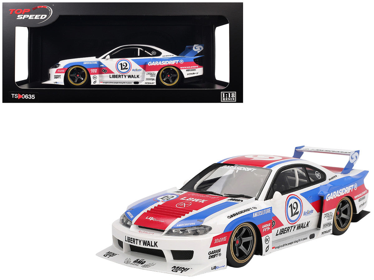 Nissan "LB-Super Silhouette" S15 SILVIA RHD (Right Hand Drive) #12 "GARASIDRIFT" White with Red and Blue Graphics 1/18 Model Car by Top Speed LuxuryLifeWay Online Store