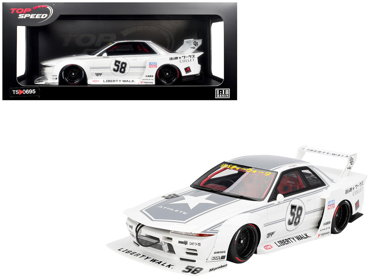 Nissan Skyline GT-R (R32) RHD (Right Hand Drive) #58 "LBWK - Kaido Works" White with Gray Stripes and Graphics "Tokyo Auto Salon (TAS) 2025" 1/18 Model Car by Top Speed LuxuryLifeWay Online Store