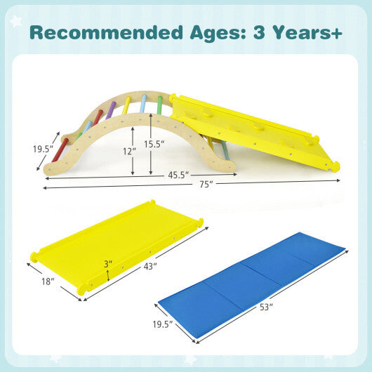 3-in-1 Kids Climber Set Wooden Arch Triangle Rocker with Ramp and Mat - Color: Yellow LuxuryLifeWay Online Store