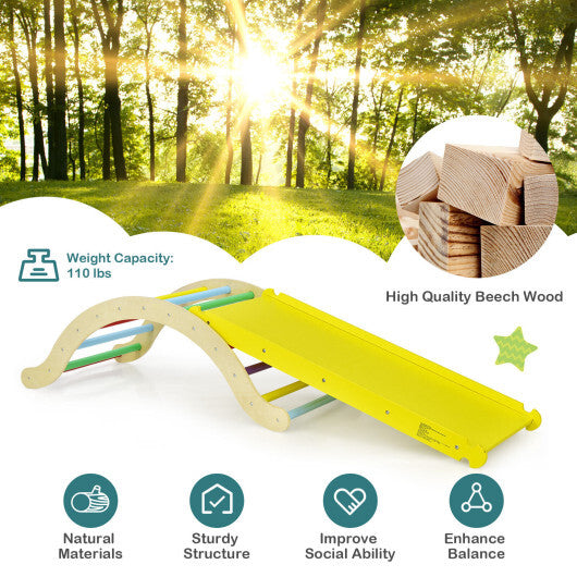 3-in-1 Kids Climber Set Wooden Arch Triangle Rocker with Ramp and Mat - Color: Yellow LuxuryLifeWay Online Store
