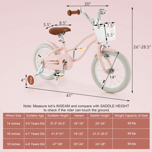14 Inch Kid's Bike with Removable Training Wheels and Basket-Pink - Color: Pink - Size: 14 inches LuxuryLifeWay Online Store