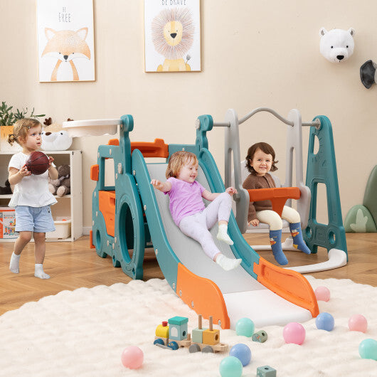 5-in-1 Kids Slide and Swing Set with Mini Bus and Basketball Hoop-Multicolor LuxuryLifeWay Online Store