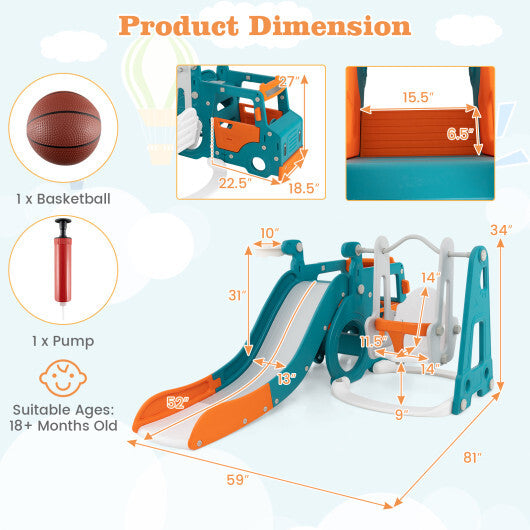 5-in-1 Kids Slide and Swing Set with Mini Bus and Basketball Hoop-Multicolor LuxuryLifeWay Online Store