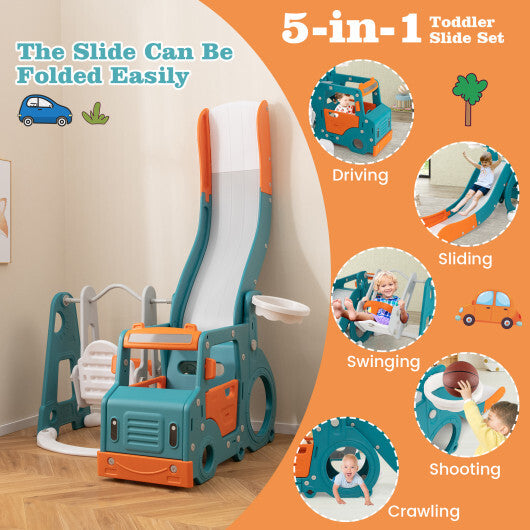 5-in-1 Kids Slide and Swing Set with Mini Bus and Basketball Hoop-Multicolor LuxuryLifeWay Online Store