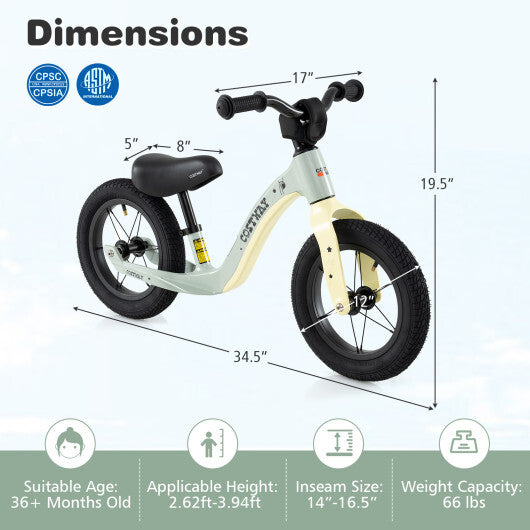 12-Inch Balance Bike with Adjustable Seat and Rotatable Handlebar for Over 36 Months Old-Green - Color: Green - Size: 12 inches LuxuryLifeWay Online Store