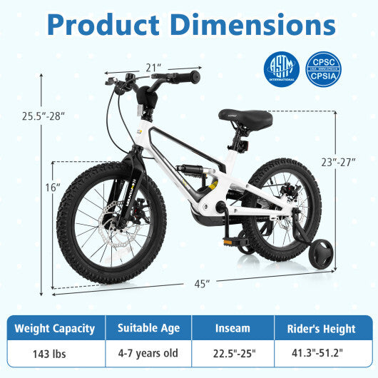 16 Inch Kids Bike Magnesium Alloy Bicycle Adjustable for Aged 4 to 7-16 inches LuxuryLifeWay Online Store