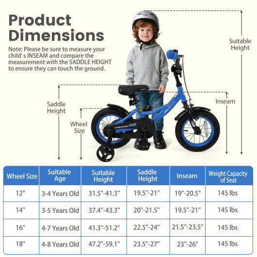 12/14/16/18 Inches Kids Bike with Removable Training Wheels and Adjustable Seatfor 3-8 Years Old Navy-12 inches - Color: Navy - Size: 12 inches LuxuryLifeWay Online Store