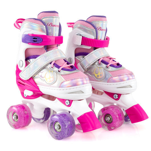 Kids Roller Skates 4 Sizes Adjustable Quad Skates with Light-up Wheels and Safety Protection-Rose Red LuxuryLifeWay Online Store