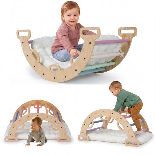 Wooden Rocking Climbing Arch with Cushion 3-in-1 Montessori Kids Climber Rocker-Multicolor