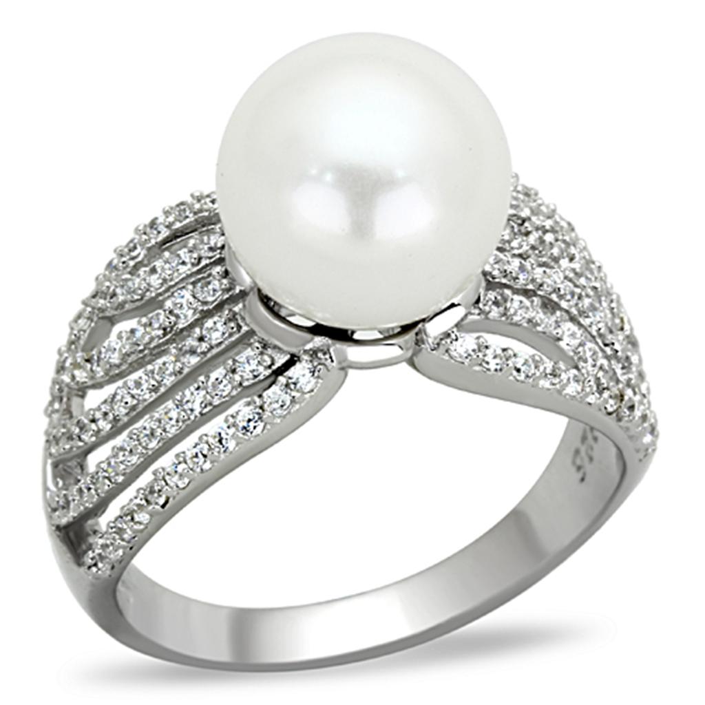 TS169 - Rhodium 925 Sterling Silver Ring with Synthetic Pearl in White LuxuryLifeWay Online Store