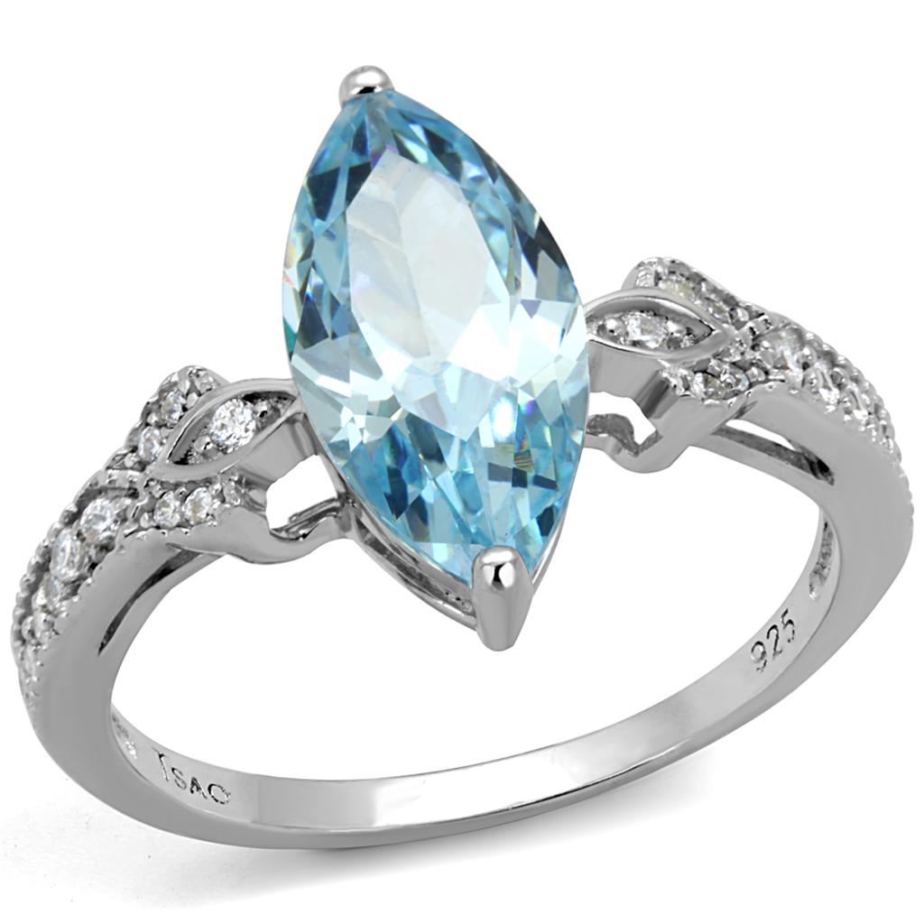 TS502 - Rhodium 925 Sterling Silver Ring with AAA Grade CZ  in Sea Blue LuxuryLifeWay Online Store