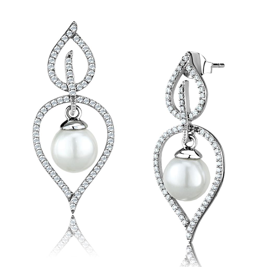 TS510 - Rhodium 925 Sterling Silver Earrings with Semi-Precious Glass Bead in White LuxuryLifeWay Online Store