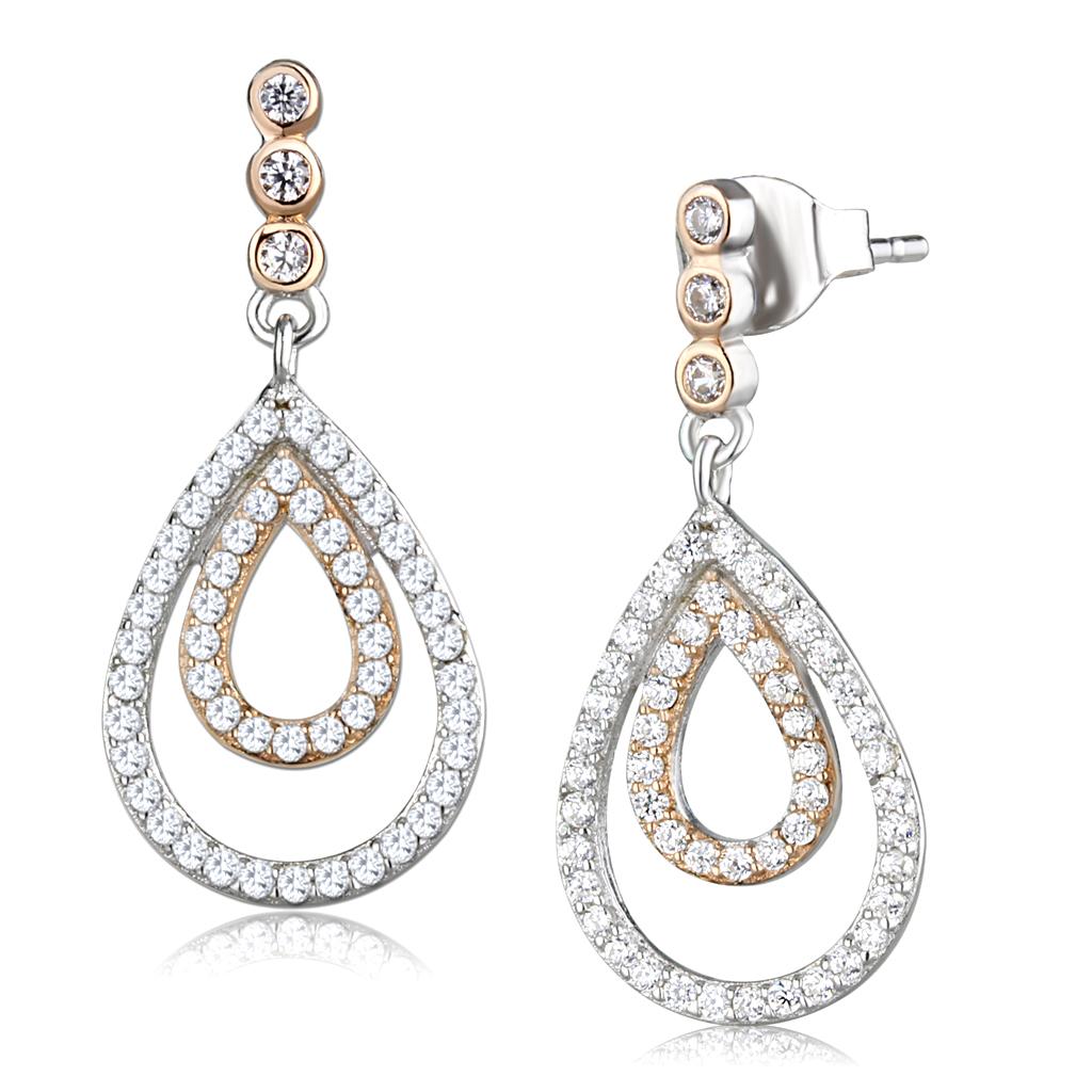 TS548 - Rose Gold + Rhodium 925 Sterling Silver Earrings with AAA Grade CZ  in Clear LuxuryLifeWay Online Store