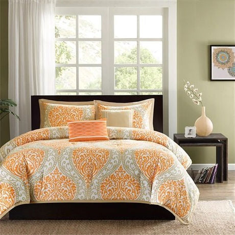 Twin size 4-Piece Orange White Damask Print Comforter Set LuxuryLifeWay Online Store