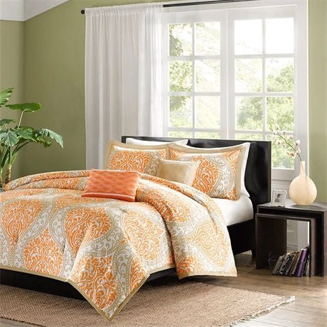 Twin size 4-Piece Orange White Damask Print Comforter Set LuxuryLifeWay Online Store