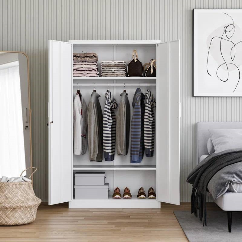 White Metal Locking Wardrobe Armoire Cabinet with Clothing Hanging Rod LuxuryLifeWay Online Store