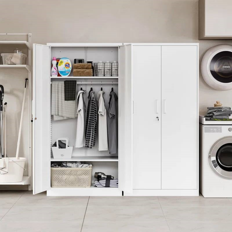 White Metal Locking Wardrobe Armoire Cabinet with Clothing Hanging Rod LuxuryLifeWay Online Store
