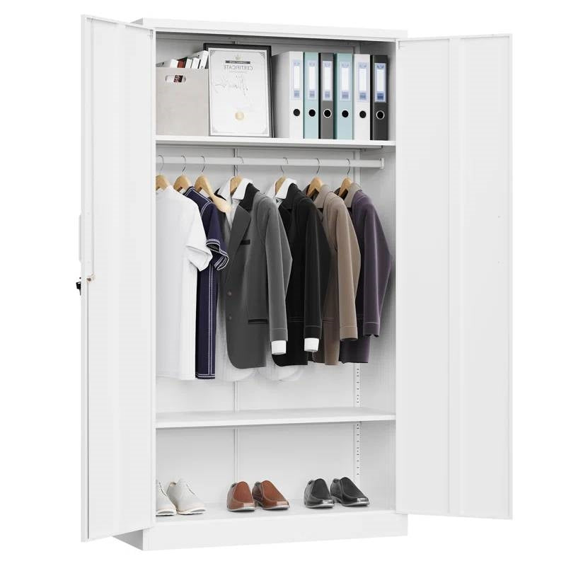 White Metal Locking Wardrobe Armoire Cabinet with Clothing Hanging Rod LuxuryLifeWay Online Store