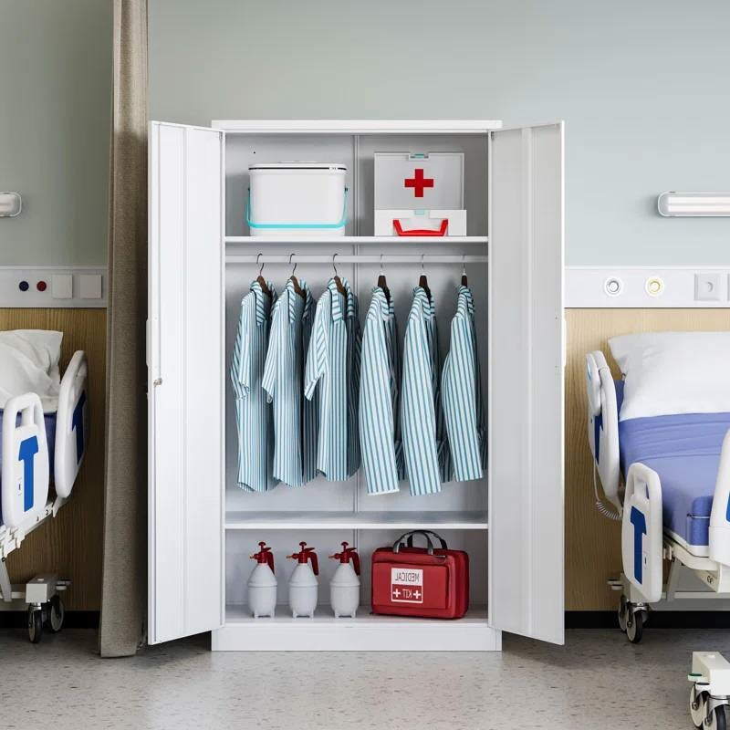 White Metal Locking Wardrobe Armoire Cabinet with Clothing Hanging Rod LuxuryLifeWay Online Store