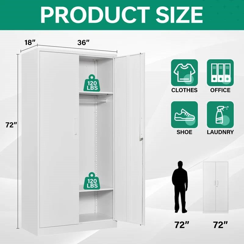 White Metal Locking Wardrobe Armoire Cabinet with Clothing Hanging Rod LuxuryLifeWay Online Store