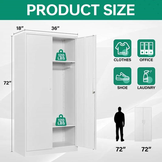 White Metal Locking Wardrobe Armoire Cabinet with Clothing Hanging Rod LuxuryLifeWay Online Store