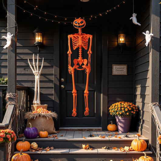 5.2 FT Orange Life-Size Poseable Halloween Skeleton with Pumpkin Head and Movable Joints LuxuryLifeWay Online Store